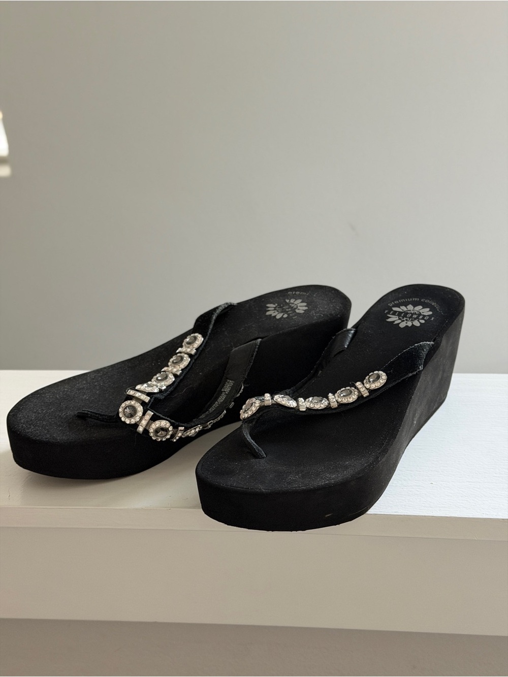 Yellow Box Black Wedge Sandals with Crystal Accents